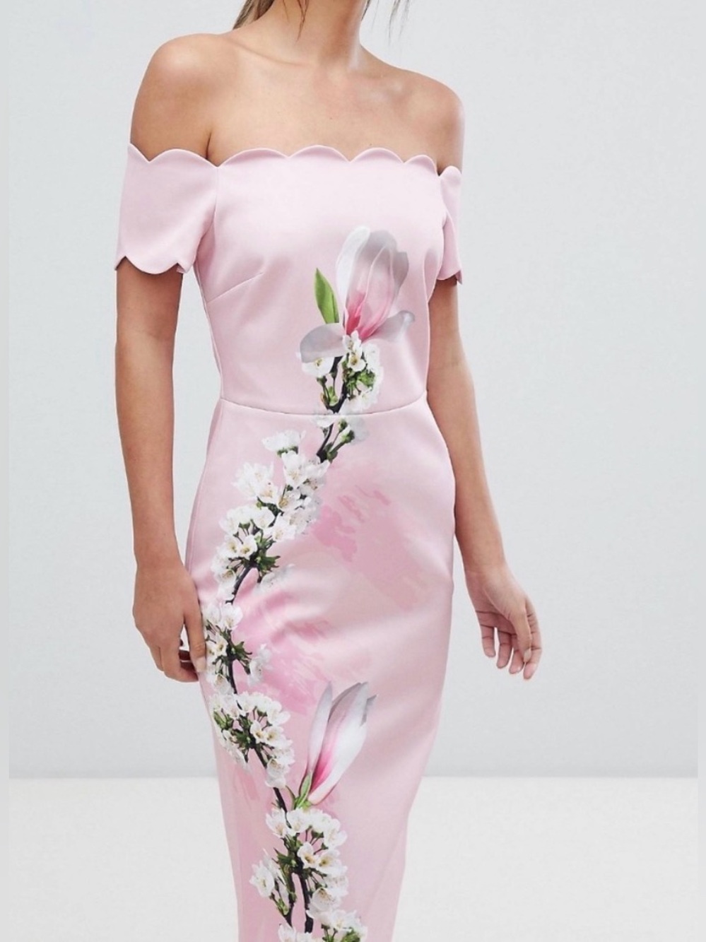Ted Baker Pink Floral Scalloped Midi Dress Size US 8